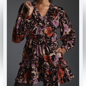 Pilcro Floral Corduroy Tiered Dress with Purple and Orange Floral size large